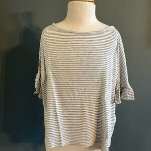 Caution To The Wind Gray and White Striped Ruffle Sleeve Tee